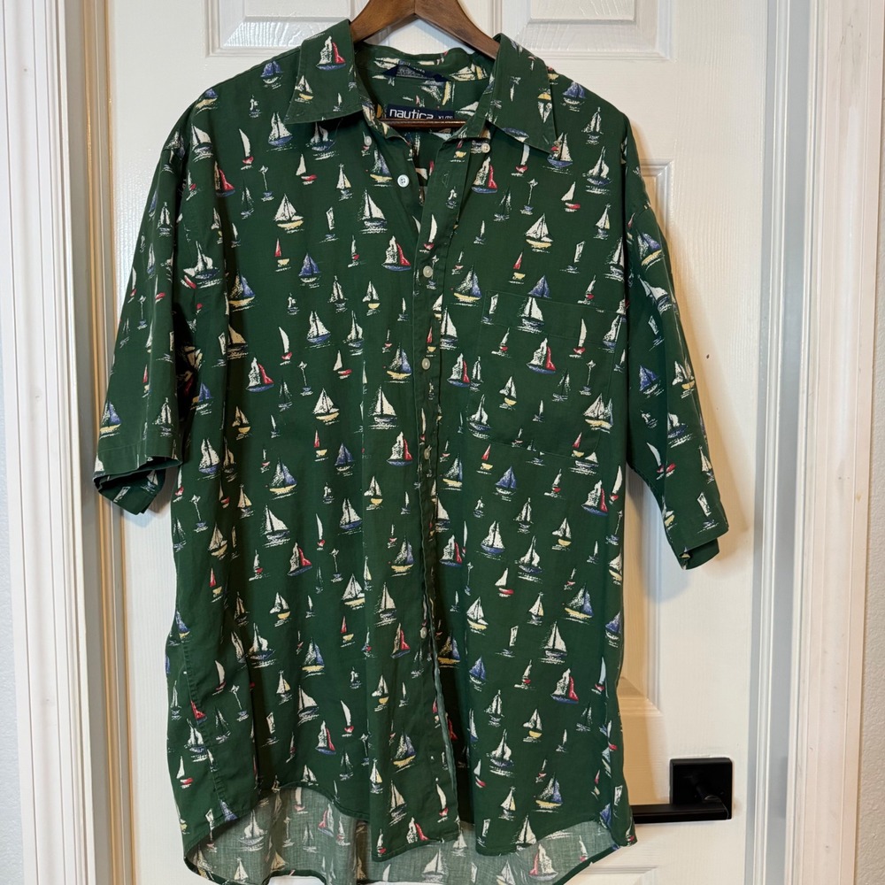 Nautica Mens XL Green Sailboat Print Short Sleeve Button Down Cotton Shirt USA